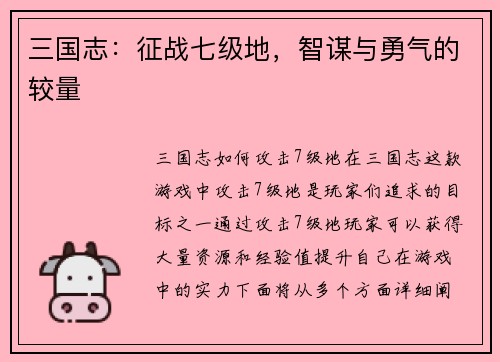 三国志：征战七级地，智谋与勇气的较量