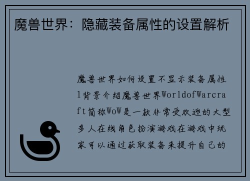 魔兽世界：隐藏装备属性的设置解析